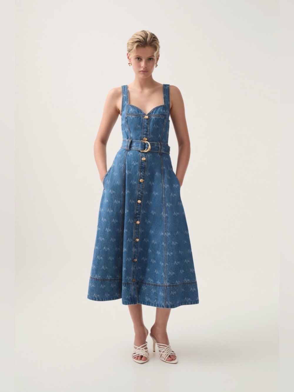 Aje Ratio Logo Denim Midi Dress in Colour Logo Wash. Size 4